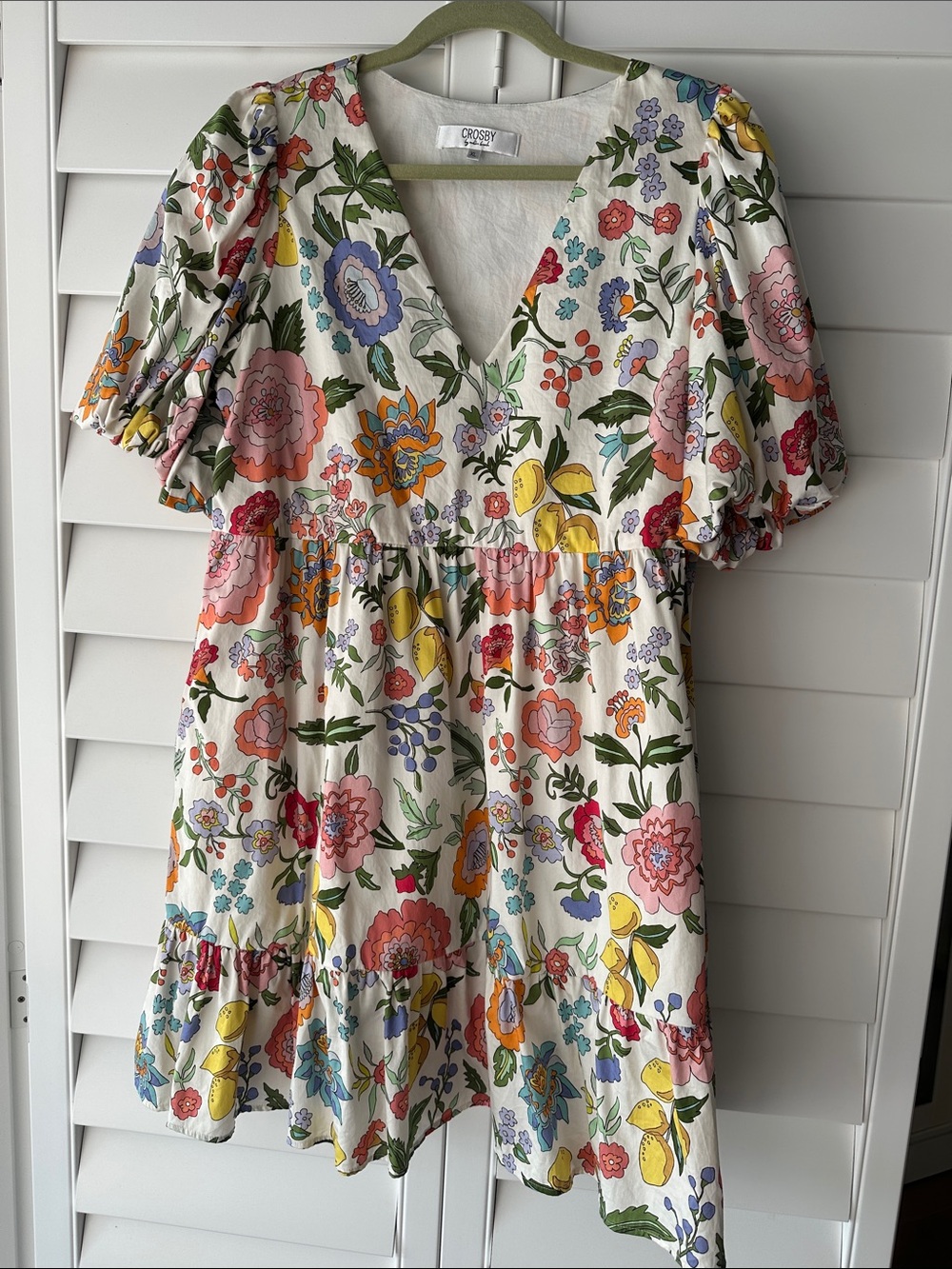Crosby mini dress with cute floral/lemon print and puff sleeves